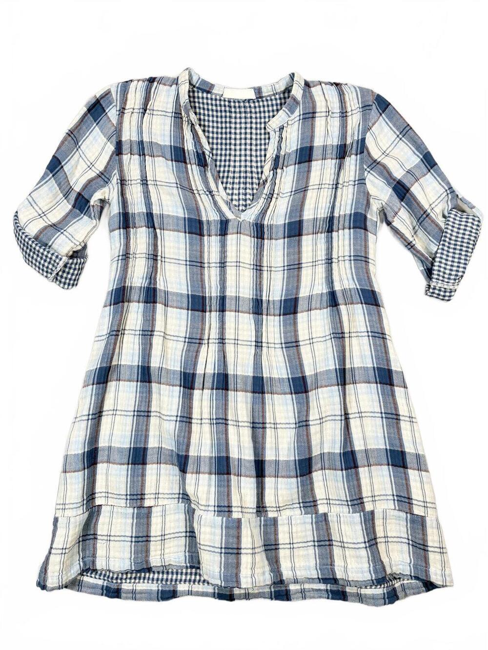 CP Shades Regina Tunic Dress XS Blue White Plaid Cotton Roll Tab Boho Coastal